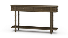 Load image into Gallery viewer, The Bramble Hurlingham Console Table pairs the strength and longevity of solid mahogany with the relaxed character of faux-bamboo furniture. Sculpted bamboo-inspired legs, wrapped corner details, and decorative drawer fronts create an elegant, textural silhouette. Two drawers provide convenient concealed storage, while the full-length lower shelf offers space for baskets or decorative objects. Good Bones Furniture
