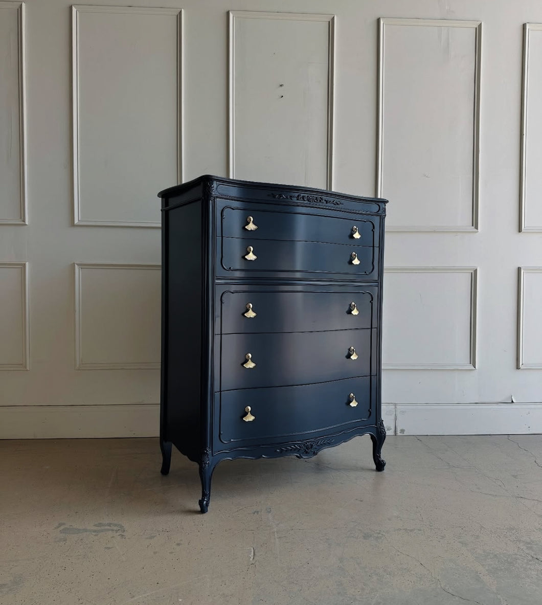 French Provincial 5 Drawer Chest in Custom Naval