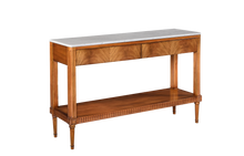 Load image into Gallery viewer, The Lipton 2 Drawer Console Table is a study in balance—combining classical detailing with a clean, tailored silhouette. Fluted legs, subtle carved accents, and a lower display shelf give the piece a refined, architectural presence, while the overall proportions keep it light and versatile. The drawer fronts are wrapped in richly figured cerejeira veneer. Good Bones Furniture
