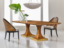 Load image into Gallery viewer, The Modern History Burl Oak Double Pedestal Dining Table is a striking centerpiece defined by sculptural form and richly figured wood. Wrapped in burl oak veneer, the surface reveals dramatic swirling grain patterns that bring warmth, depth, and natural movement to the table’s expansive top. Good Bones Furniture
