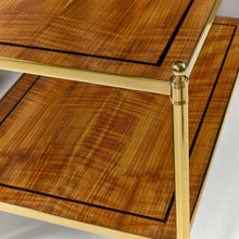 Load image into Gallery viewer, The Modern History George Side Table pairs classic proportions with refined materials, creating a versatile accent piece for living spaces. The rectangular form features a beautifully figured movingue veneer top and lower shelf, framed by warm brass detailing that highlights the natural character of the wood. Good Bones Furniture
