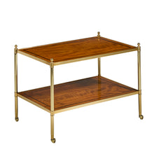 Load image into Gallery viewer, The Modern History George Side Table pairs classic proportions with refined materials, creating a versatile accent piece for living spaces. The rectangular form features a beautifully figured movingue veneer top and lower shelf, framed by warm brass detailing that highlights the natural character of the wood. Good Bones Furniture
