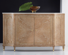 Load image into Gallery viewer, The Modern History Noelle Hall Cabinet exudes a serene sophistication, thoughtfully balancing natural textures with luxurious materials. Its white slat marble top provides a crisp, elegant surface, highlighted by subtle veining that lends a sense of refined tranquility. Beneath the marble lies a body adorned in random oak veneer, showcasing intricate grain patterns that ensure each cabinet is as unique as the space it inhabits.
