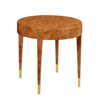 Load image into Gallery viewer, The Modern History Salena Round End Table brings together sculptural simplicity and the rich visual drama of burl wood. Its clean circular silhouette highlights the striking natural patterns of burl veneer, creating a piece that feels both refined and organic. Olive Ash Burl. Good Bones Furniture
