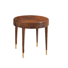 Load image into Gallery viewer, The Modern History Salena Round End Table brings together sculptural simplicity and the rich visual drama of burl wood. Its clean circular silhouette highlights the striking natural patterns of burl veneer, creating a piece that feels both refined and organic. Walnut Burl veneer. Good Bones Furniture
