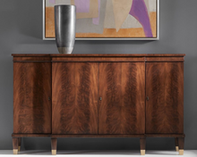 Load image into Gallery viewer, The Modern History Walnut Breakfront Cabinet is a statement of refined elegance and masterful craftsmanship. Showcasing a stunning feathered walnut veneer, this cabinet is enhanced by a hand-rubbed finish that brings out the natural beauty and depth of the wood grain. The rich tones and exquisite detailing make it a standout piece in any room.

