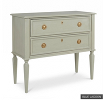 Load image into Gallery viewer, The Phillips Scott Franklin Chest pairs classic proportions with practical storage and a light, elevated silhouette. Crafted from hardwood solids and veneers, it features two spacious drawers framed by traditional molding. Brass hardware and decorative key escutcheons add warmth, while the molded top and tall tapered legs complete its timeless design. Good Bones Furniture
