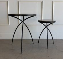 Load image into Gallery viewer, This pair of Studio|A accent tables blends sculptural ironwork with natural stone in a way that feels both organic and architectural. Featuring hand-worked forged iron bases with airy tripod silhouettes, the tables have a visually light presence despite the substantial stone tops. Good Bones Furniture

