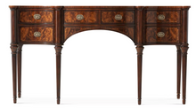 Load image into Gallery viewer, Front elevation view of the Theodore Alexander Stanhope Row Sideboard displaying its symmetrical serpentine design, central arched apron, flanking concave drawers, and fluted legs, offered by Good Bones Furniture in Raleigh, NC.
