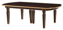 Load image into Gallery viewer, Theodore Alexander Sebastiano Dining Table pairs a historic silhouette with a modern, tailored edge. Its gently curved rectangular top is framed by a brass-bound apron that gives the piece a crisp, architectural presence, while slatted baluster legs outlined in gilt add depth and refinement. Open box showroom sample. Good Bones Furniture
