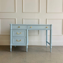 Load image into Gallery viewer, Thomasville vintage writing desk professionally lacquered in Sherwin-Williams Billowy Breeze, featuring a soft blue finish, classic proportions, and brushed brass hardware

