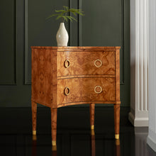 Load image into Gallery viewer, The Modern History Two Drawer Concave Cabinet highlights the dramatic natural beauty of olive ash burl, known for its swirling grain patterns and rich golden tones. The gently curved concave drawer fronts introduce subtle architectural movement while maintaining a clean, tailored silhouette. Good Bones Furniture
