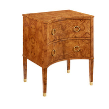 Load image into Gallery viewer, The Modern History Two Drawer Concave Cabinet highlights the dramatic natural beauty of olive ash burl, known for its swirling grain patterns and rich golden tones. The gently curved concave drawer fronts introduce subtle architectural movement while maintaining a clean, tailored silhouette. Good Bones Furniture
