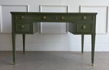 Load image into Gallery viewer, Vintage desk by Drexel Furniture combines practical workspace with timeless architectural detailing. Professionally lacquered in Farrow &amp; Ball Bancha, its earthy olive-green finish highlights the framed drawer fronts, inset desktop border, and slender tapered legs. Four drawers, original polished brass hardware and brass-capped feet. Good Bones Furniture

