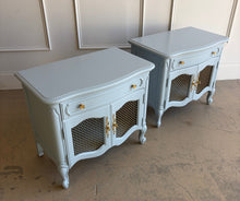 Load image into Gallery viewer, Professionally lacquered in Farrow &amp; Ball Parma Gray, this pair of vintage French nightstands blends classic European styling with a softer, more modern palette. The elegant cabriole legs, shaped apron, and bombe-inspired silhouette give the pieces timeless character, while the muted blue-gray lacquer creates a fresh, elevated look suited for both traditional and contemporary interiors. Good Bones Furniture
