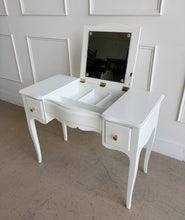 Load image into Gallery viewer, This vintage Henredon vanity table blends classic elegance with practical function. Graceful cabriole legs, a softly scalloped apron, and gently shaped case lines give the piece a refined silhouette rooted in traditional design. Manufactured by Henredon, this piece reflects the heirloom-quality craftsmanship the brand is known for. Professionally lacquered in Sherwin Williams Greek Villa. Good Bones Furniture
