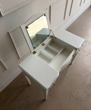 Load image into Gallery viewer, This vintage Henredon vanity table blends classic elegance with practical function. Graceful cabriole legs, a softly scalloped apron, and gently shaped case lines give the piece a refined silhouette rooted in traditional design. Manufactured by Henredon, this piece reflects the heirloom-quality craftsmanship the brand is known for. Professionally lacquered in Sherwin Williams Greek Villa. Good Bones Furniture
