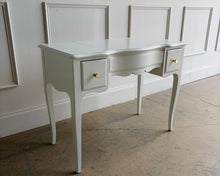 Load image into Gallery viewer, This vintage Henredon vanity table blends classic elegance with practical function. Graceful cabriole legs, a softly scalloped apron, and gently shaped case lines give the piece a refined silhouette rooted in traditional design. Manufactured by Henredon, this piece reflects the heirloom-quality craftsmanship the brand is known for. Professionally lacquered in Sherwin Williams Greek Villa. Good Bones Furniture
