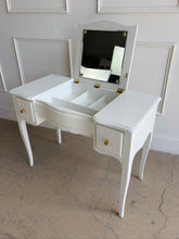 Load image into Gallery viewer, This vintage Henredon vanity table blends classic elegance with practical function. Graceful cabriole legs, a softly scalloped apron, and gently shaped case lines give the piece a refined silhouette rooted in traditional design. Manufactured by Henredon, this piece reflects the heirloom-quality craftsmanship the brand is known for. Professionally lacquered in Sherwin Williams Greek Villa. Good Bones Furniture
