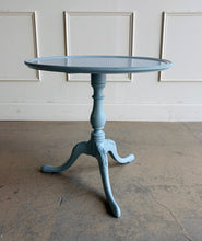 Load image into Gallery viewer, Timeless craftsmanship meets a fresh designer finish in this beautifully restored vintage pedestal table. Professionally lacquered in Farrow &amp; Ball Parma Gray, this versatile accent table features a gracefully turned pedestal, elegant cabriole legs with carved detailing, and a classic rope-molded edge that adds subtle texture and refinement.  Good Bones Furniture
