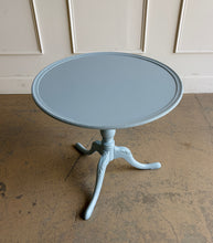 Load image into Gallery viewer, Timeless craftsmanship meets a fresh designer finish in this beautifully restored vintage pedestal table. Professionally lacquered in Farrow &amp; Ball Parma Gray, this versatile accent table features a gracefully turned pedestal, elegant cabriole legs with carved detailing, and a classic rope-molded edge that adds subtle texture and refinement.  Good Bones Furniture

