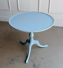 Load image into Gallery viewer, Timeless craftsmanship meets a fresh designer finish in this beautifully restored vintage pedestal table. Professionally lacquered in Farrow &amp; Ball Parma Gray, this versatile accent table features a gracefully turned pedestal, elegant cabriole legs with carved detailing, and a classic rope-molded edge that adds subtle texture and refinement.  Good Bones Furniture
