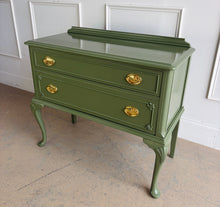 Load image into Gallery viewer, This vintage Queen Anne-style two drawer chest has been professionally refinished in a rich, high-gloss Farrow &amp;Ball Bancha lacquer, giving a timeless silhouette a sophisticated, designer-inspired update. Solid brass hardware. Good Bones Furniture
