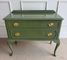 Load image into Gallery viewer, This vintage Queen Anne-style two drawer chest has been professionally refinished in a rich, high-gloss Farrow &amp;Ball Bancha lacquer, giving a timeless silhouette a sophisticated, designer-inspired update. Solid brass hardware. Good Bones Furniture
