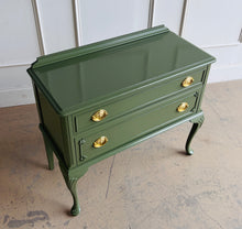 Load image into Gallery viewer, This vintage Queen Anne-style two drawer chest has been professionally refinished in a rich, high-gloss Farrow &amp;Ball Bancha lacquer, giving a timeless silhouette a sophisticated, designer-inspired update. Solid brass hardware. Good Bones Furniture
