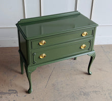 Load image into Gallery viewer, This vintage Queen Anne-style two drawer chest has been professionally refinished in a rich, high-gloss Farrow &amp;Ball Bancha lacquer, giving a timeless silhouette a sophisticated, designer-inspired update. Solid brass hardware. Good Bones Furniture
