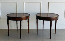 Load image into Gallery viewer, This vintage pair of end tables by Waldon Furniture brings classic scale, elegant detailing, and versatile function to a room. The round tops showcase a striking radial veneer pattern, framed by a delicate brass gallery that adds just the right amount of polish. Good Bones Furniture
