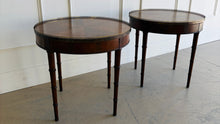 Load image into Gallery viewer, This vintage pair of end tables by Waldon Furniture brings classic scale, elegant detailing, and versatile function to a room. The round tops showcase a striking radial veneer pattern, framed by a delicate brass gallery that adds just the right amount of polish. Good Bones Furniture
