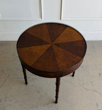 Load image into Gallery viewer, This vintage pair of end tables by Waldon Furniture brings classic scale, elegant detailing, and versatile function to a room. The round tops showcase a striking radial veneer pattern, framed by a delicate brass gallery that adds just the right amount of polish. Good Bones Furniture

