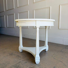 Load image into Gallery viewer, This vintage Heritage round end table pairs classic lines with a fresh lacquered finish in Benjamin Moore White Dove. The crisp white surface gives the piece a clean, updated look, while the sculptural base and curved stretchers preserve its traditional character. Good Bones Furniture
