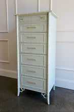 Load image into Gallery viewer, The Vintage Thomasville Allegro Lingerie Chest proves that generous storage does not require a large footprint. Its tall, slender silhouette fits beautifully into smaller bedrooms, dressing rooms, or spaces between windows while providing seven drawers for lingerie, jewelry, accessories, and other everyday essentials. Professionally lacquered in a custom light green by Good Bones Furniture.

