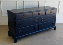 Load image into Gallery viewer, A tailored, heirloom-quality piece from White Furniture Company, known for its exceptional craftsmanship and legacy of producing some of the finest American case goods of the 20th century. This vintage dresser features clean, classic lines with a slightly raised base and understated detailing—giving it a timeless, versatile profile that works across traditional and transitional interiors. Sherwin Williams Naval. Good Bones Furniture
