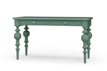 Load image into Gallery viewer, Front view of the Vivienne Desk by Bramble, a mahogany writing desk with sculptural turned legs and two drawers, crafted in Indonesia and offered lacquered the color of your choice by Good Bones Furniture to customers across the United States.
