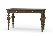 Load image into Gallery viewer, Front view of the Vivienne Desk in Straw Wash finish by Bramble, a mahogany writing desk with sculptural turned legs and two drawers, crafted in Indonesia and offered by Good Bones Furniture to customers across the United States.
