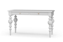 Load image into Gallery viewer, Front view of the Vivienne Desk in True White finish by Bramble, a mahogany writing desk with sculptural turned legs and two drawers, crafted in Indonesia and offered by Good Bones Furniture to customers across the United States.
