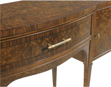 Load image into Gallery viewer, Inspired by elegant 18th-century English furniture, the Henley Serving Console by Woodbridge Furniture blends timeless craftsmanship with sophisticated materials. Rich amboyna burl veneers adorn the top, drawer front, doors, and side panels, creating dramatic movement and depth that immediately captures attention. Ebony string inlay and finely figured cherry veneers frame the burl panels, highlighting the exceptional attention to detail throughout. Good Bones Furniture
