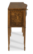 Load image into Gallery viewer, Inspired by elegant 18th-century English furniture, the Henley Serving Console by Woodbridge Furniture blends timeless craftsmanship with sophisticated materials. Rich amboyna burl veneers adorn the top, drawer front, doors, and side panels, creating dramatic movement and depth that immediately captures attention. Ebony string inlay and finely figured cherry veneers frame the burl panels, highlighting the exceptional attention to detail throughout. Good Bones Furniture
