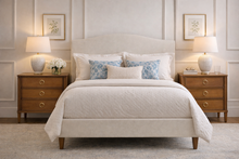 Load image into Gallery viewer, Close-up of the Avalaire 3 drawer bedside chest highlighting framed drawer fronts, smooth self-closing undermount glides, and refined mahogany construction by Good Bones Furniture.
