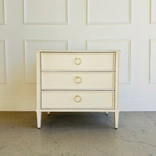 Load image into Gallery viewer, Avalaire 3 drawer bedside chest in Marion White, showcasing crisp proportions, framed drawer fronts, and heirloom-quality mahogany construction by Good Bones Furniture.
