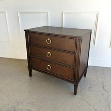 Load image into Gallery viewer, Avalaire 3 drawer bedside chest in Sorrel Mahogany by Good Bones Furniture, featuring clean architectural lines, framed drawer fronts, tapered legs, and solid mahogany craftsmanship.
