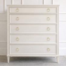Load image into Gallery viewer, Avalaire 5 Drawer Chest in White Dove by Good Bones Furniture, showcasing solid mahogany craftsmanship, soft-close drawers, and a tailored, timeless profile.
