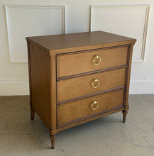 Load image into Gallery viewer, Boylan 3 Drawer Bedside Chest in Honey Chestnut by Good Bones Furniture, featuring solid mahogany construction, three soft-close drawers, and a refined traditional silhouette.
