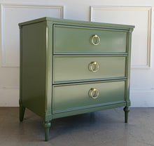 Load image into Gallery viewer, Boylan 3 Drawer Bedside Chest in Farrow&amp;Ball Bancha by Good Bones Furniture, featuring solid mahogany construction, three soft-close drawers, and a tailored, heirloom-quality profile.
