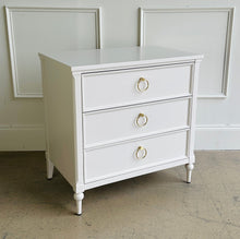 Load image into Gallery viewer, Boylan 3 Drawer Bedside Chest in White Dove by Good Bones Furniture, showcasing solid mahogany craftsmanship, soft-close drawers, and elegant vintage-inspired proportions

