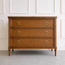 Load image into Gallery viewer, Boylan 3-drawer chest finished in Honey Chestnut, crafted from mahogany with soft-close drawers and brass ring pulls by Good Bones Furniture in Raleigh, North Carolina
