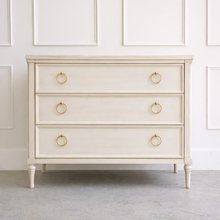 Load image into Gallery viewer, Boylan 3-drawer chest in Marion White lacquer, showcasing classic vintage-inspired design, smooth drawer operation, and refined detailing by Good Bones Furniture in Raleigh, NC
